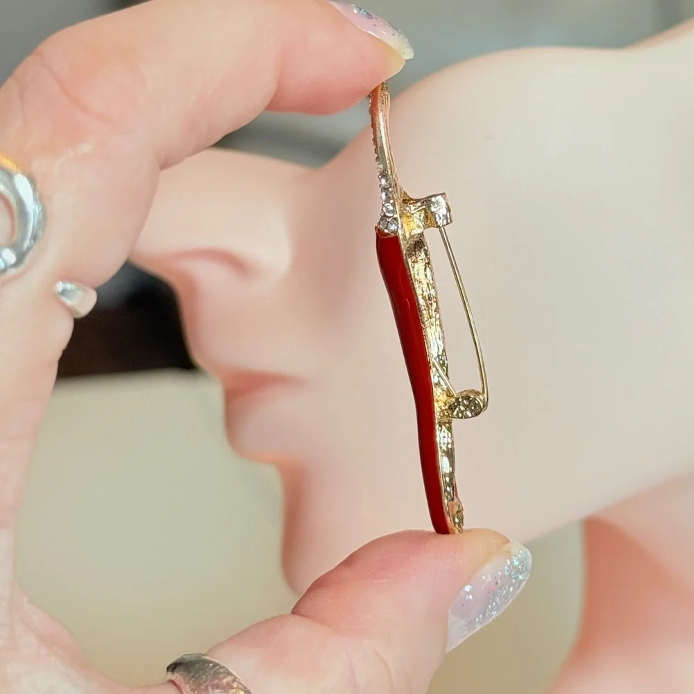 Anthropologie Red Chili Pepper Brooch with Gold and Clear Crystals